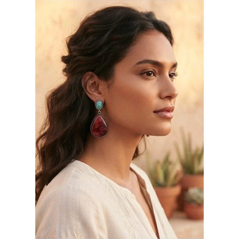 Southwestern Style Teardrop Earrings - Turquoise & Red Marble Pattern